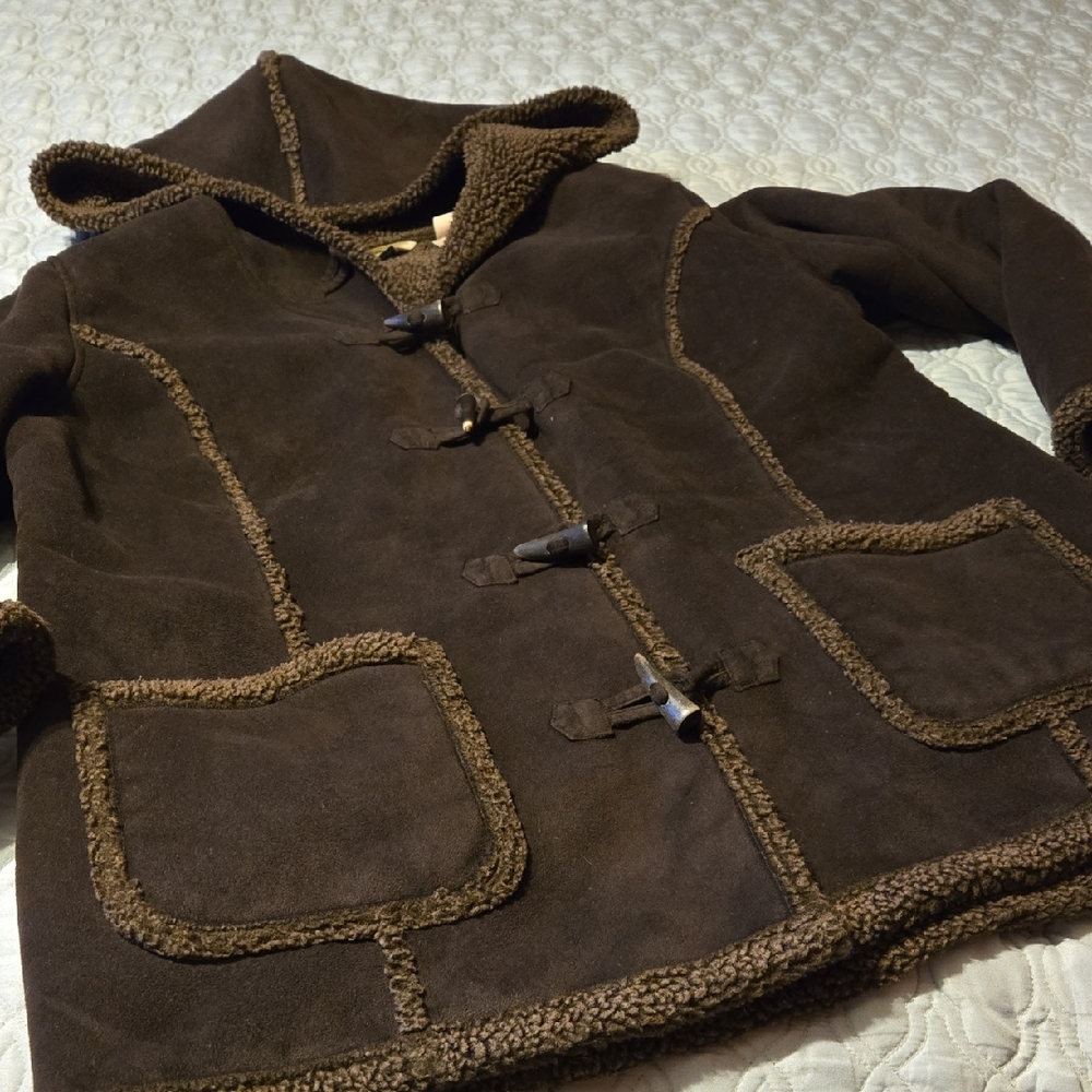 L.L. Bean Brown Faux Suede Sherpa Lined Hooded Long Coat with Toggle Closures